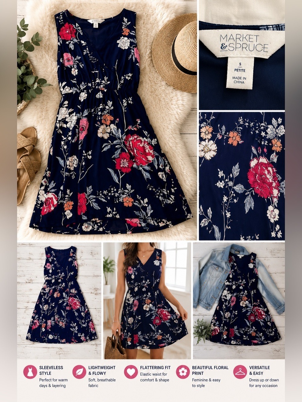 Market & Spruce Petite Navy Floral Sleeveless Dress Boho Cottagecore